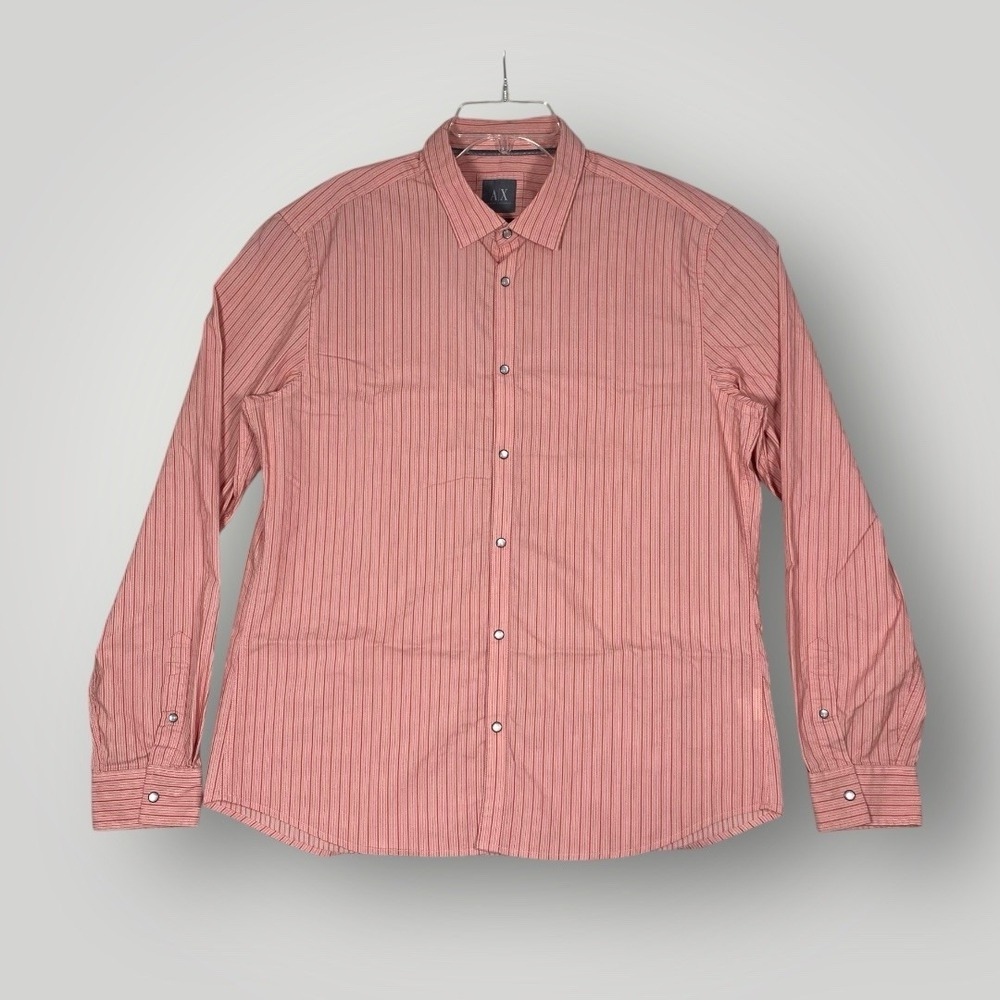 Armani Exchange Slim Fit Mens Large‎ Long Sleeve Pinkish Striped Pearl Snap